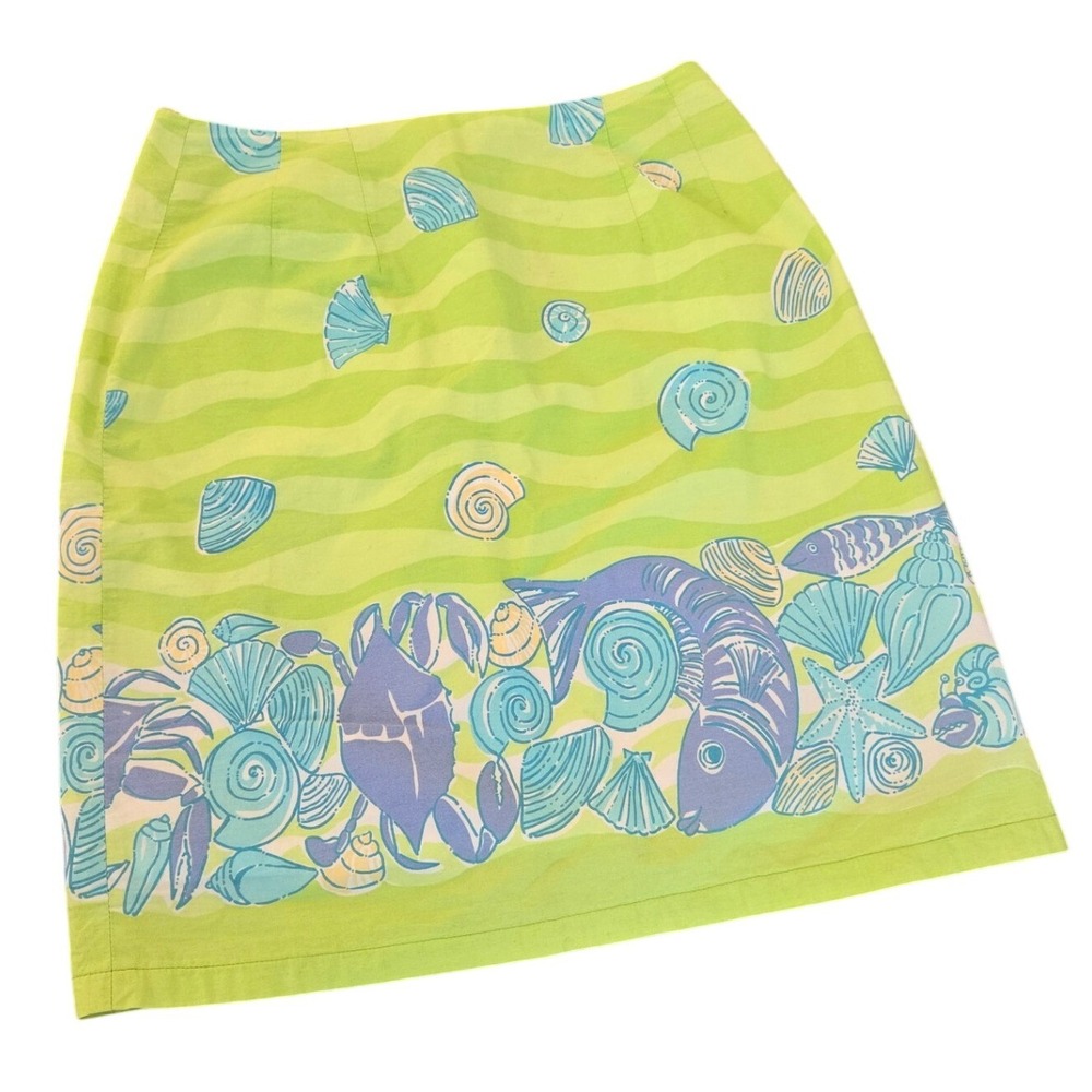 Vintage Lilly Pulitzer Pencil Midi Skirt Shells Ocean Fish Green Preppy Size 0P